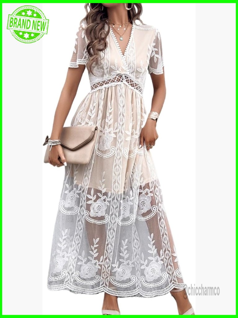 Maxi Dress V Neck Short Sleeve Lace Floral Flowy Boho Wedding Guest